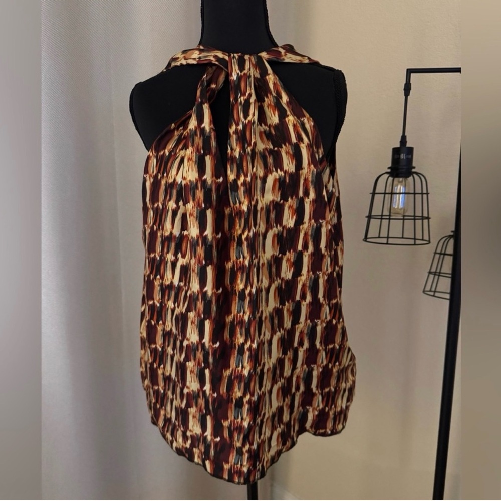 Joie Silk Halter Blouse Malta Cross Neck Red Orange Print Size M - Picture 2 of 8